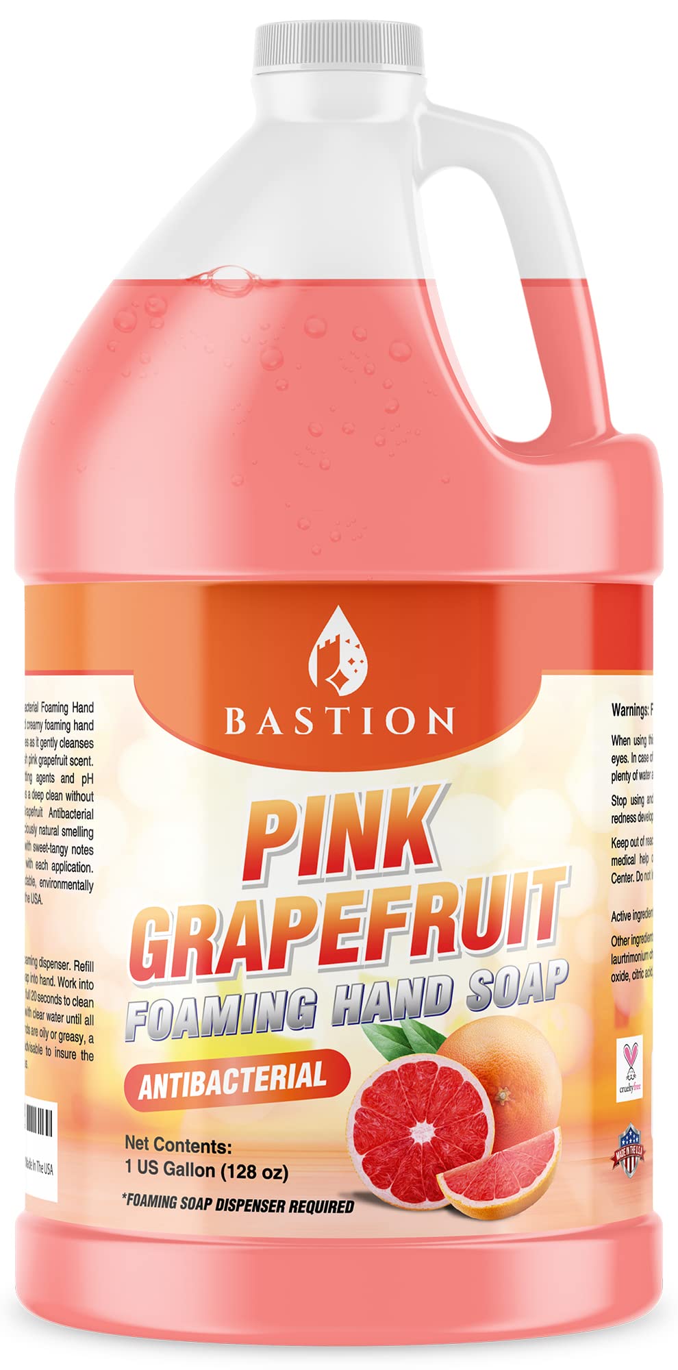 Bastion Pink Grapefruit foaming hand soap bottle showing rich lather for daily handwashing.
