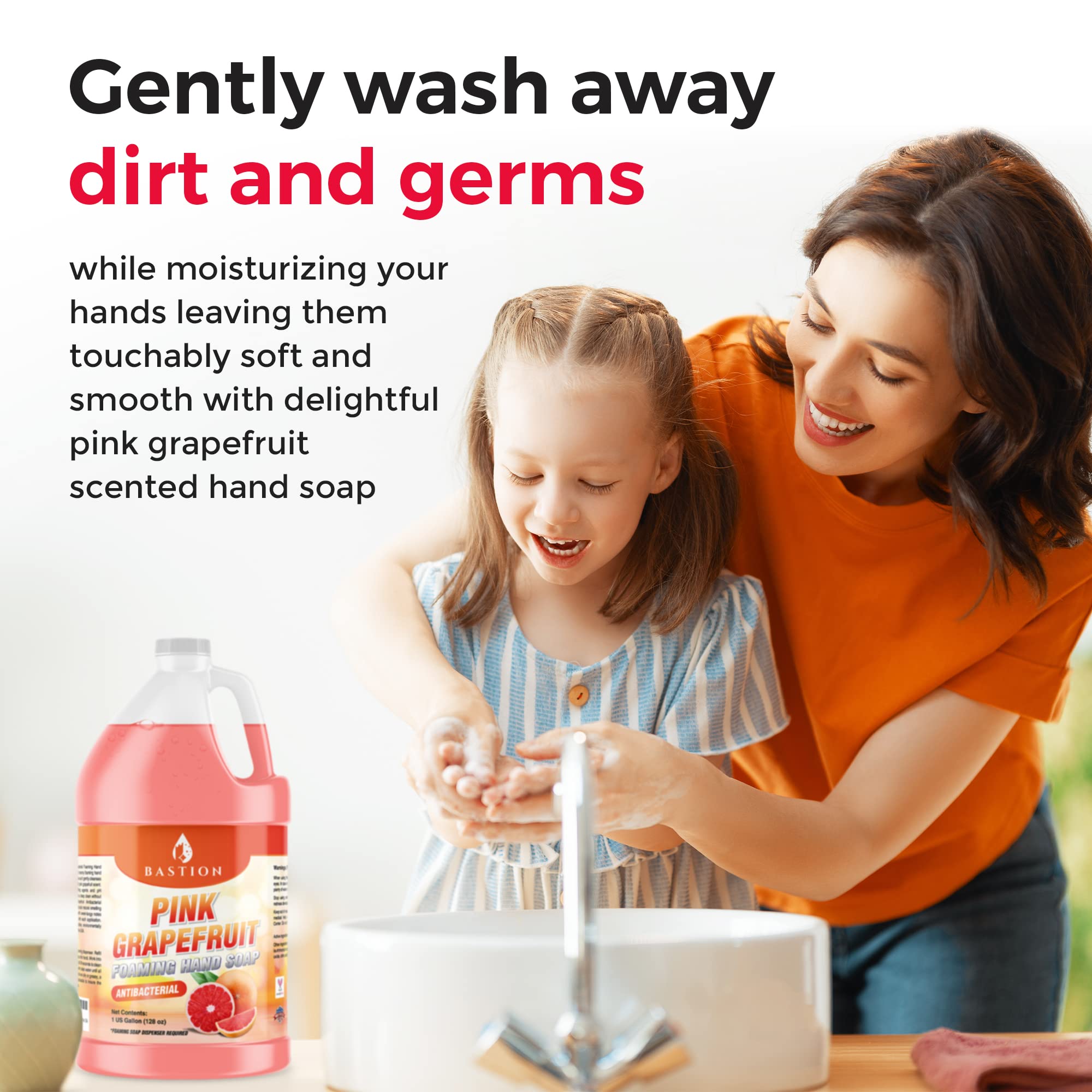 Close-up of Bastion Pink Grapefruit foaming hand soap bubbles and foam texture.