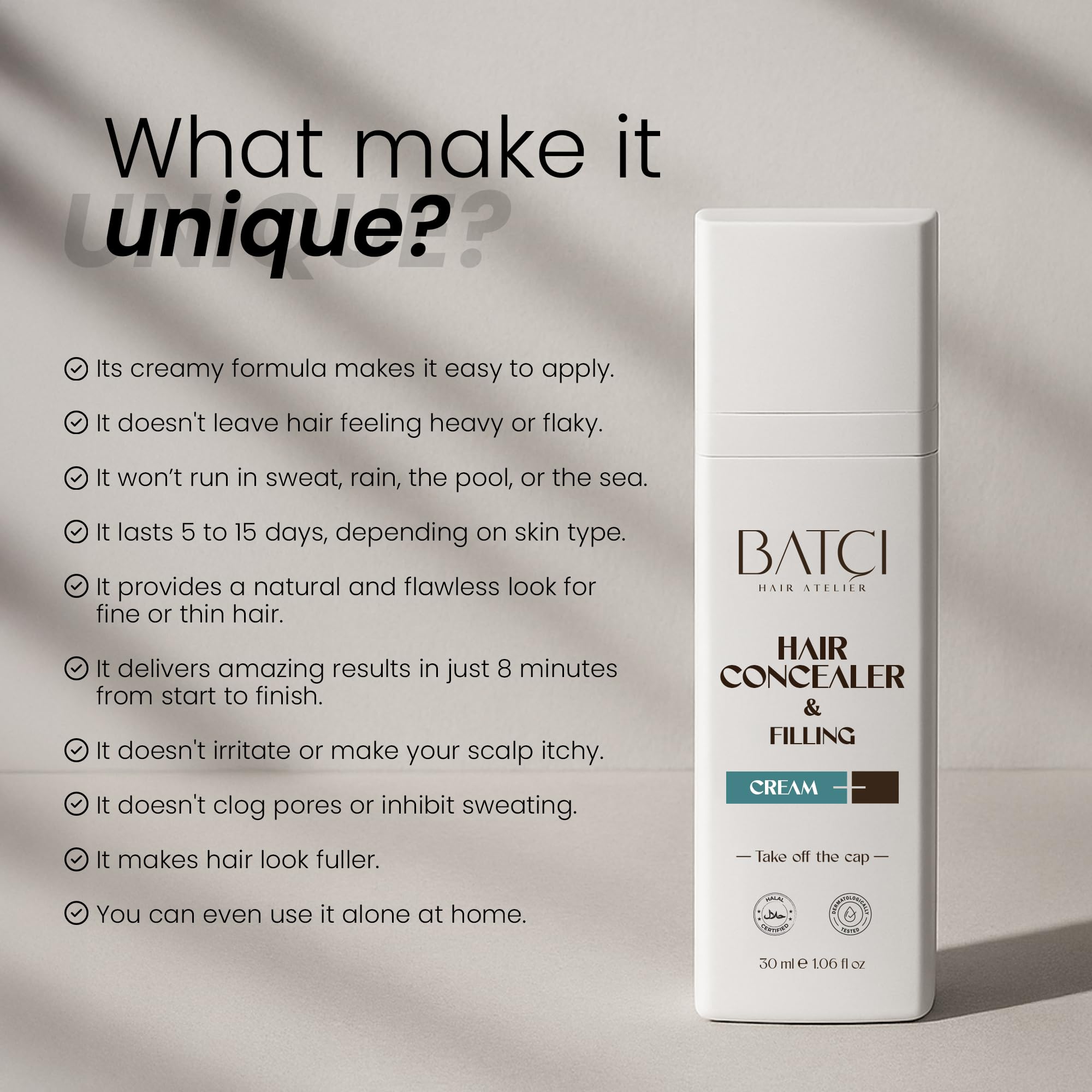 BATCI Hair Atelier waterproof concealer stays intact under sun and rain for all-day confidence.