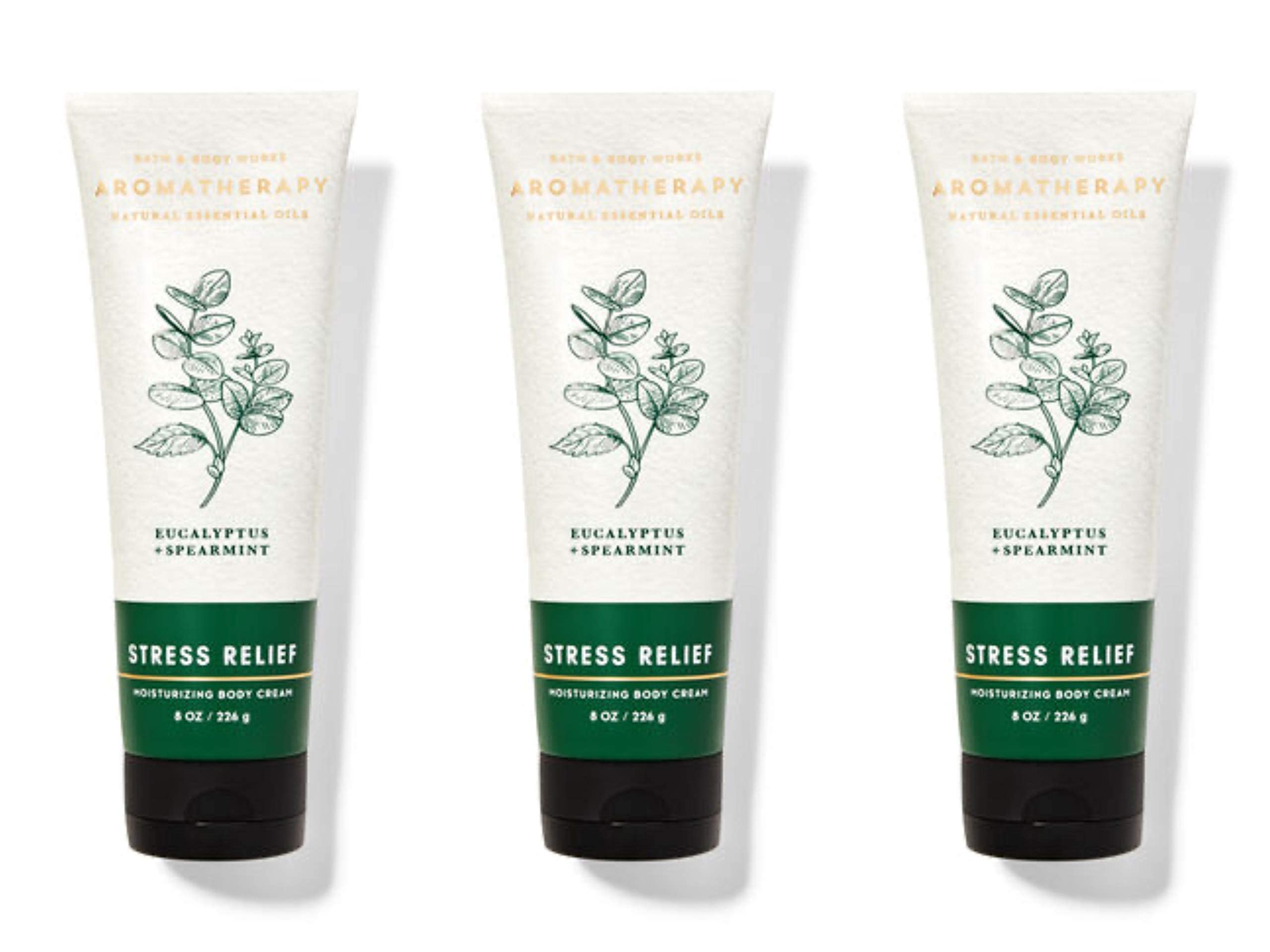 Bath and Body Works Aromatherapy Stress Relief Eucalyptus Spearmint body cream 3-pack helps nourish skin and promote relaxation.