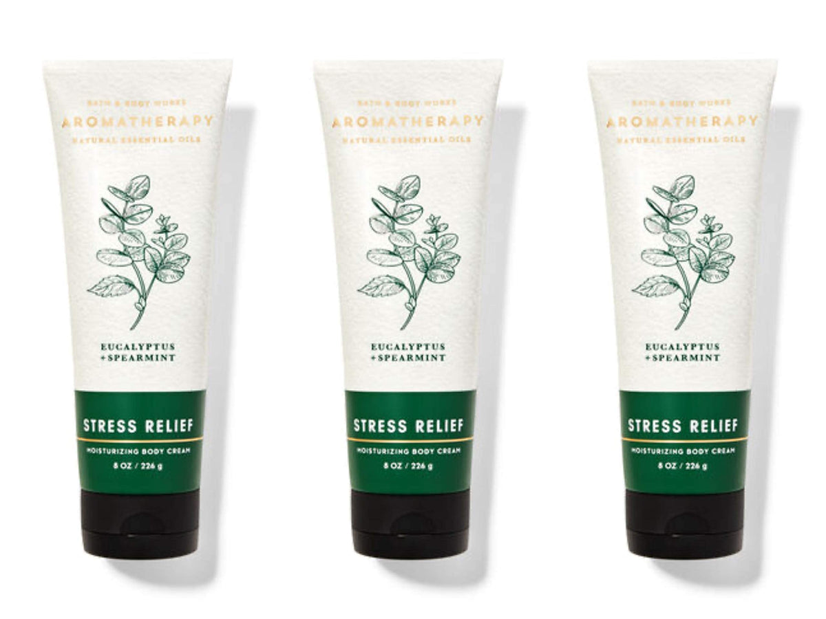 Bath and Body Works Aromatherapy Stress Relief Eucalyptus Spearmint body cream 3-pack helps nourish skin and promote relaxation.