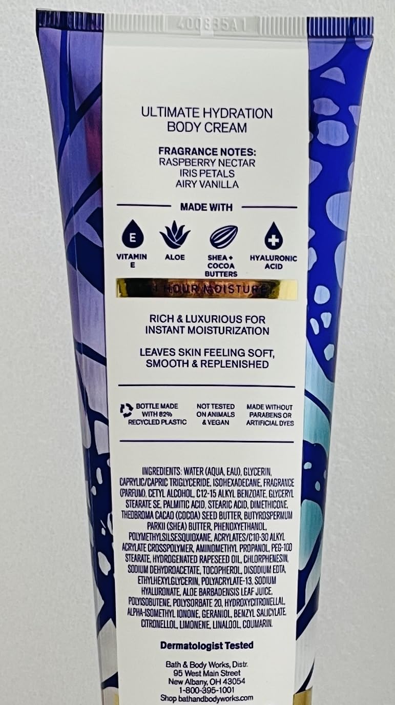 Butterfly Bath & Body Works, crema corporal, notas frambuesa iris vainilla, uso diario.