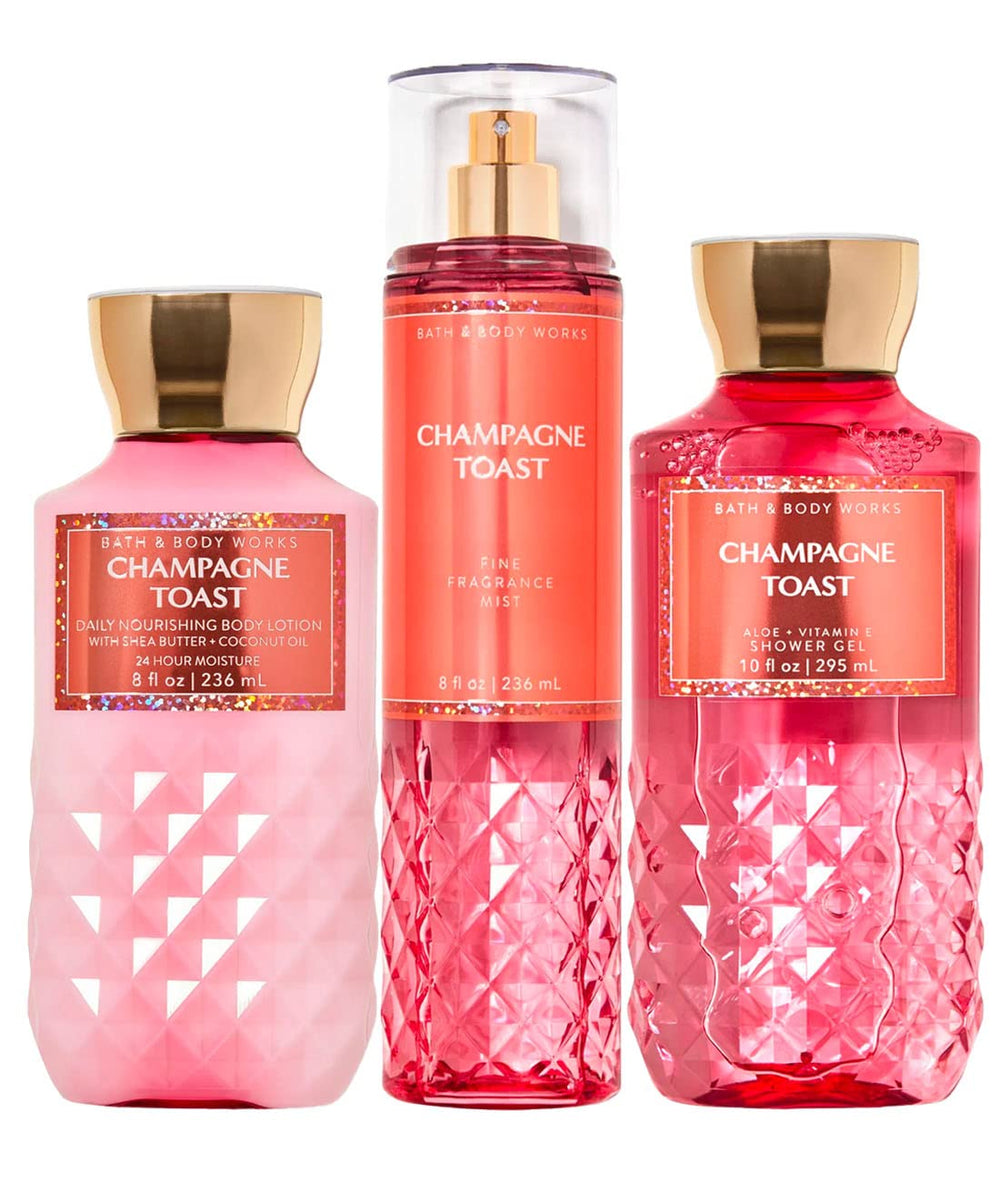 Bath & Body Works Champagne Toast daily trio packaging, festive gift set with luxurious fragrance.