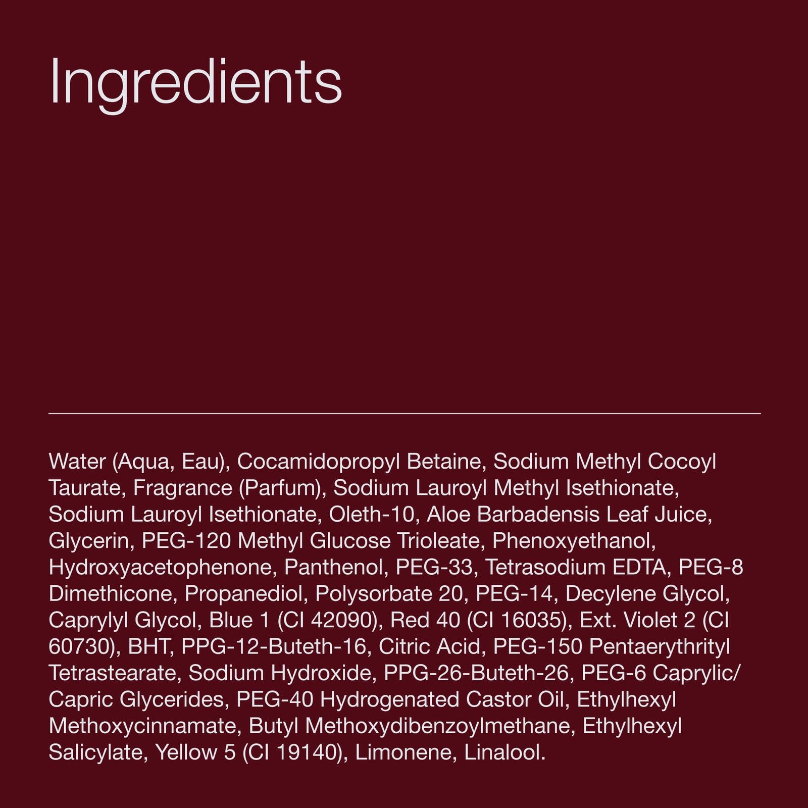 Brand image on bottle emphasizes versatile cleanser for hair, face, body