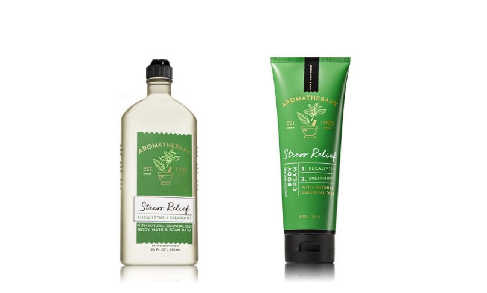 Bath & Body Works Aromatherapy Stress Relief body wash bottle with eucalyptus spearmint for a refreshing cleanse.