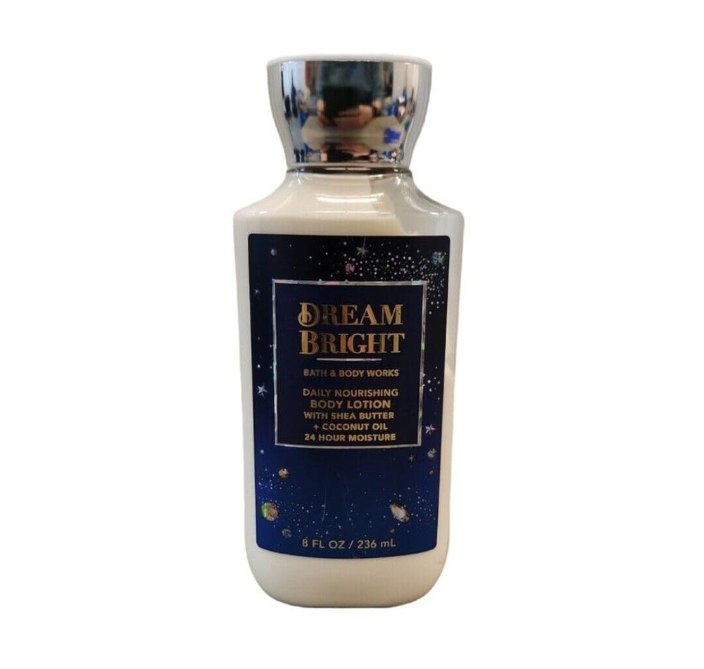 Bath & Body Works Dream Bright loción, botella, hidratación duradera y aroma luminoso para la piel.