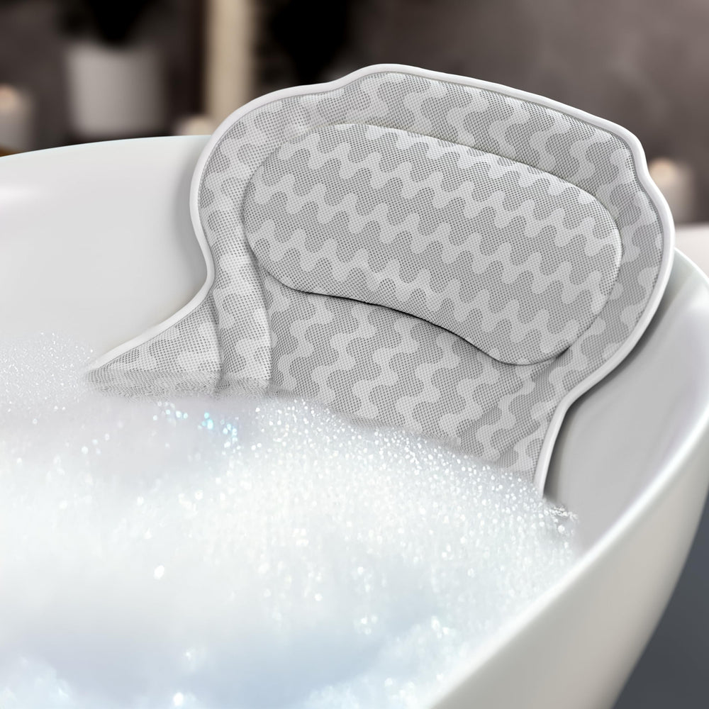 Bath Haven bath pillow showcases back and neck support for a plush soak.