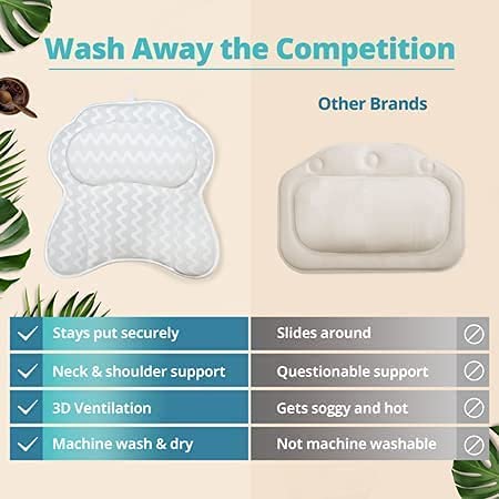 Bath Haven spa-style cushion enhances head and neck comfort in tub.