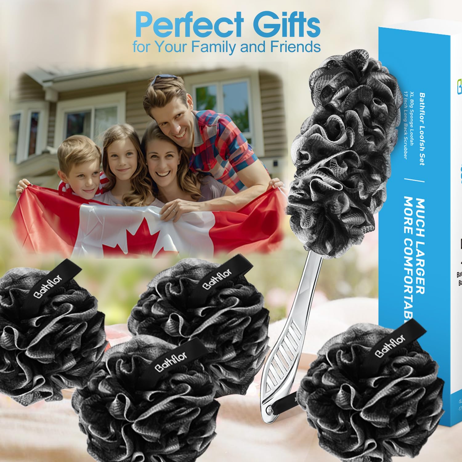 Bathflor deluxe loofah set in the shower for easy use
