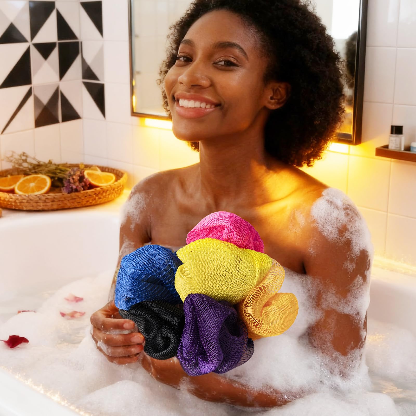 Bathway African Net Sponge colors blue, black, golden enhance bath time