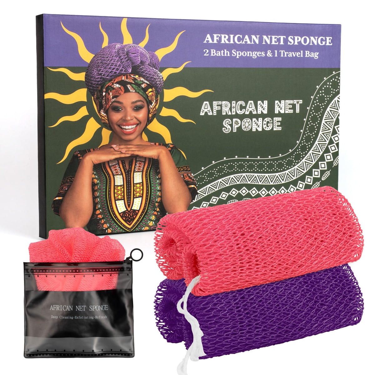 Bathway esponja de red africana con mangos, exfoliación eficaz para espalda y zonas difíciles