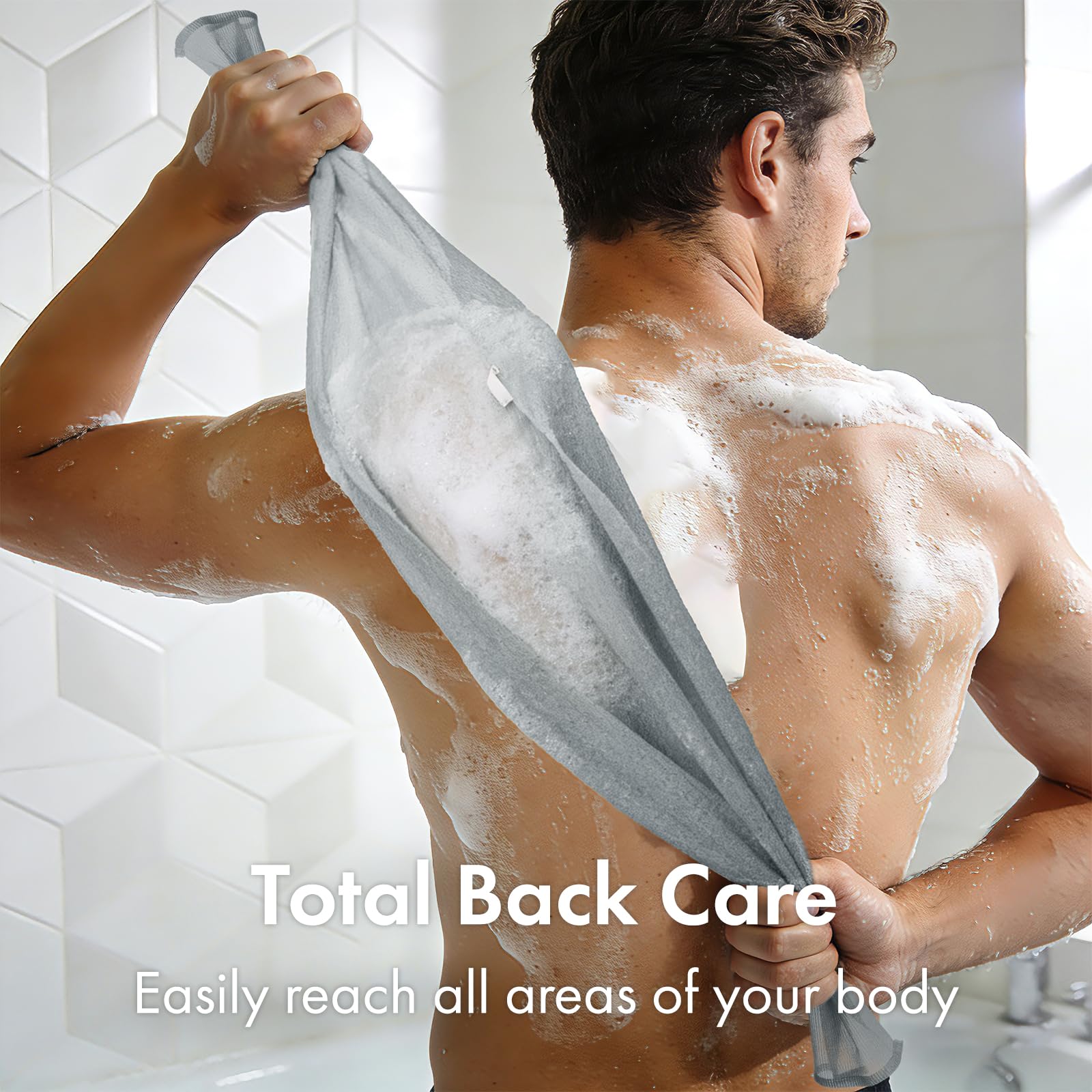 Bathway Exfoliating Washcloth hanging strap enables quick-dry storage after shower.