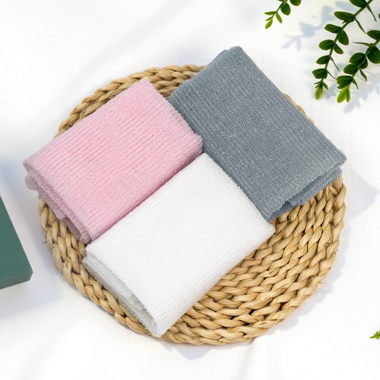 Bathway Exfoliating Washcloth pack of 3 colors: pink, white, and grey.