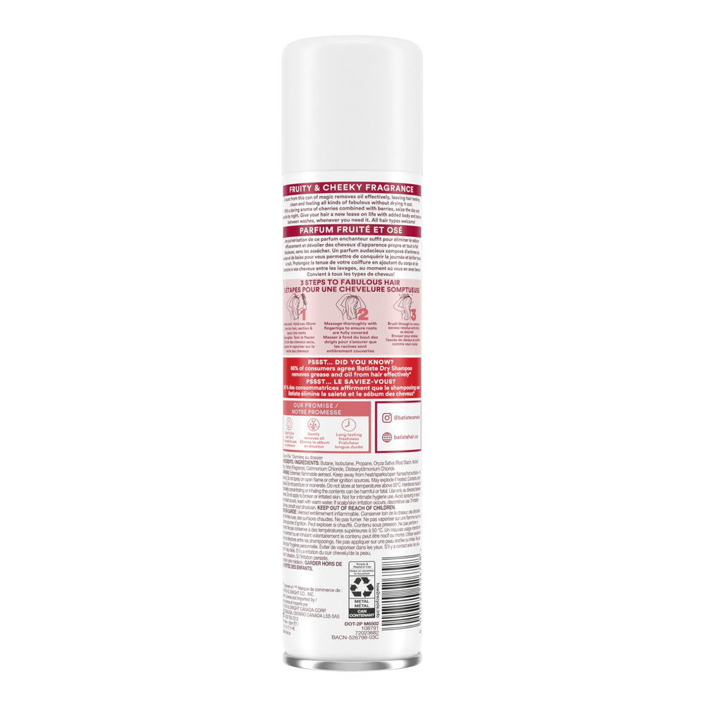 Batiste Cherry dry shampoo absorbs oil and grease at roots.