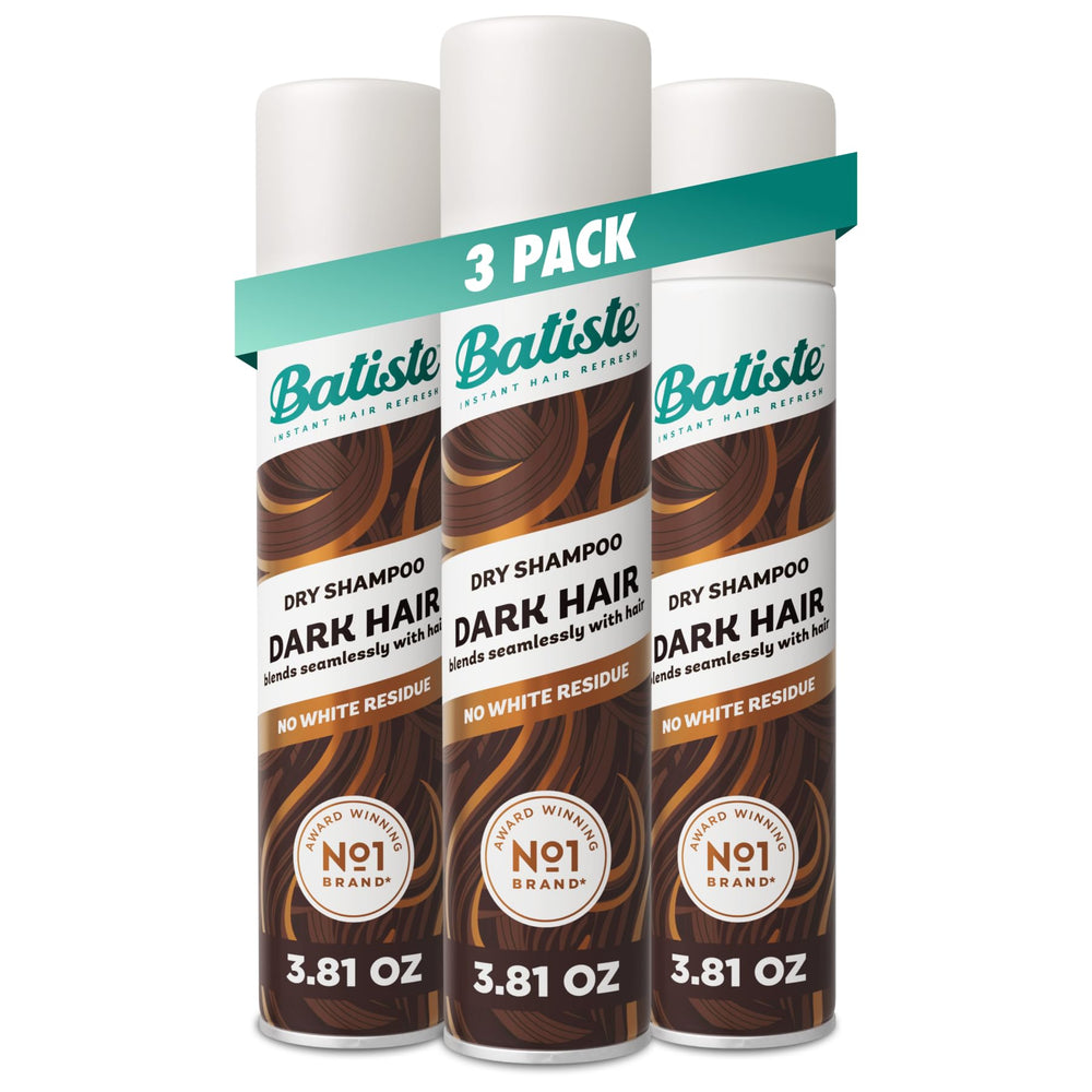 Batiste Dark Dry Shampoo bottles in a 3-pack for fast between-wash refresh.