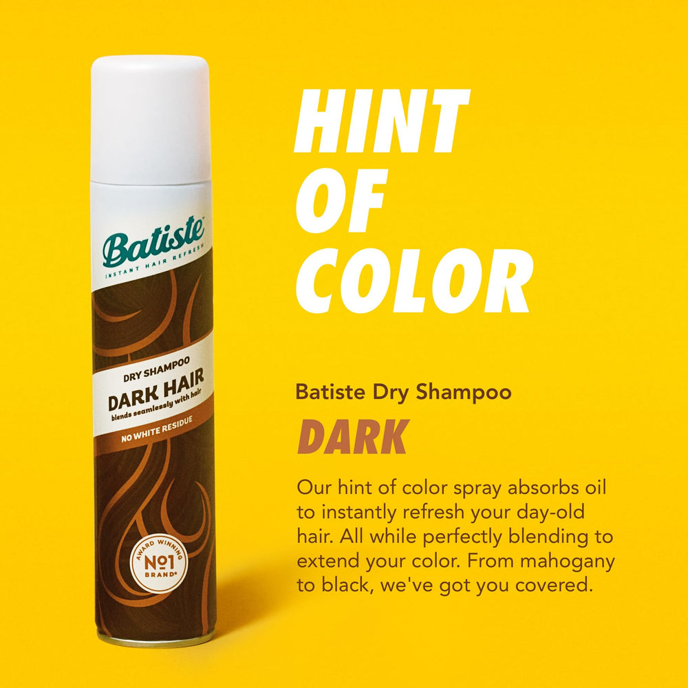 Batiste Dark Dry Shampoo absorbs oil at roots for a refreshed feel.