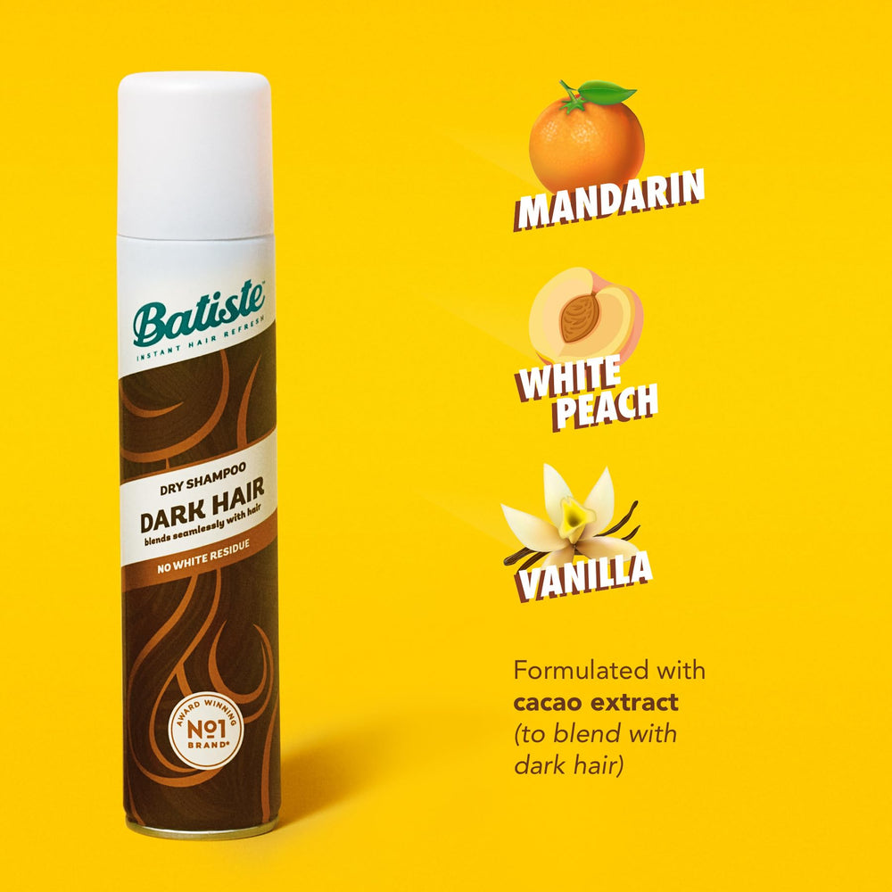 Batiste Dark Dry Shampoo scent notes: bergamot, white peach, vanilla bean.
