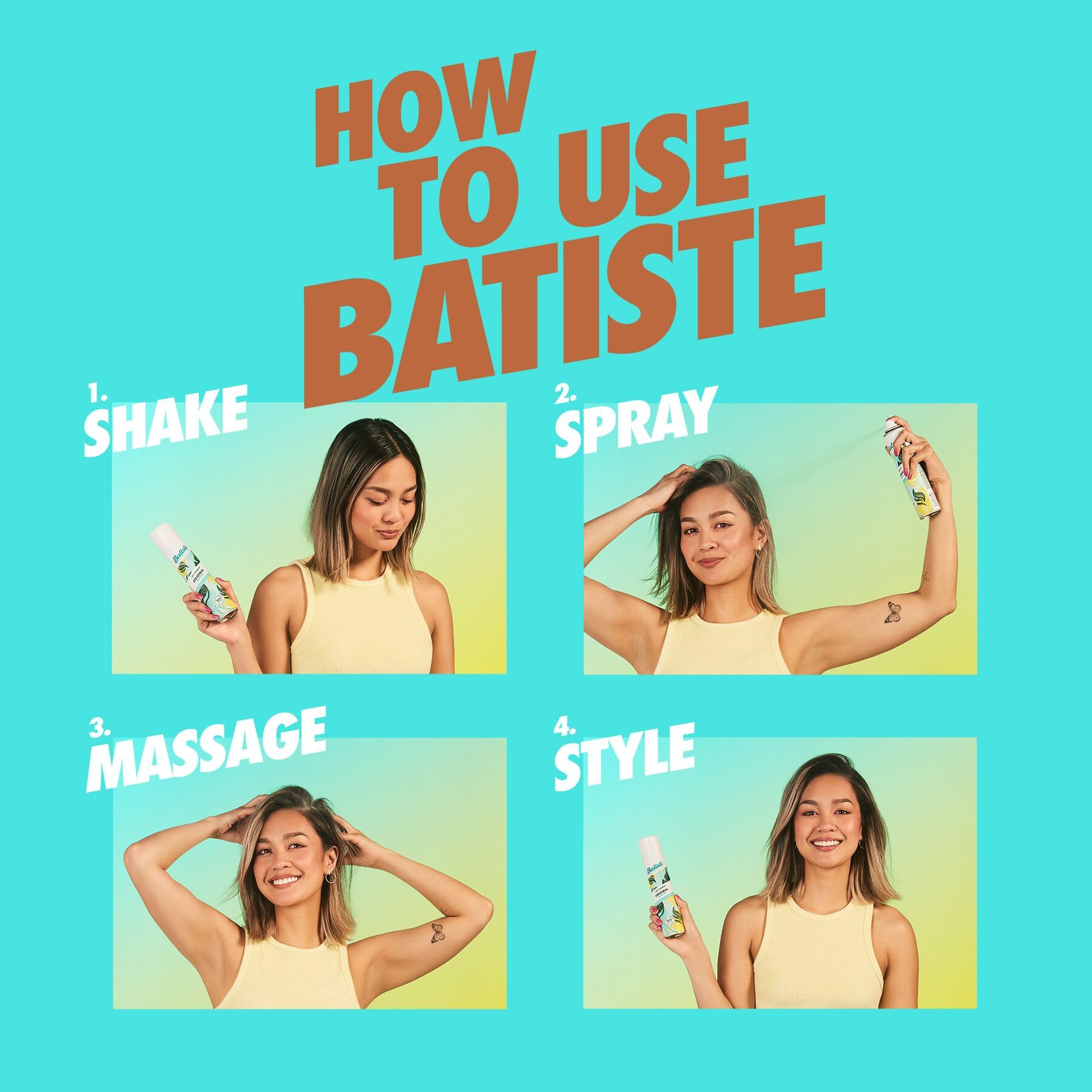 Batiste Dark Dry Shampoo should be sprayed from about 12 inches for even coverage.