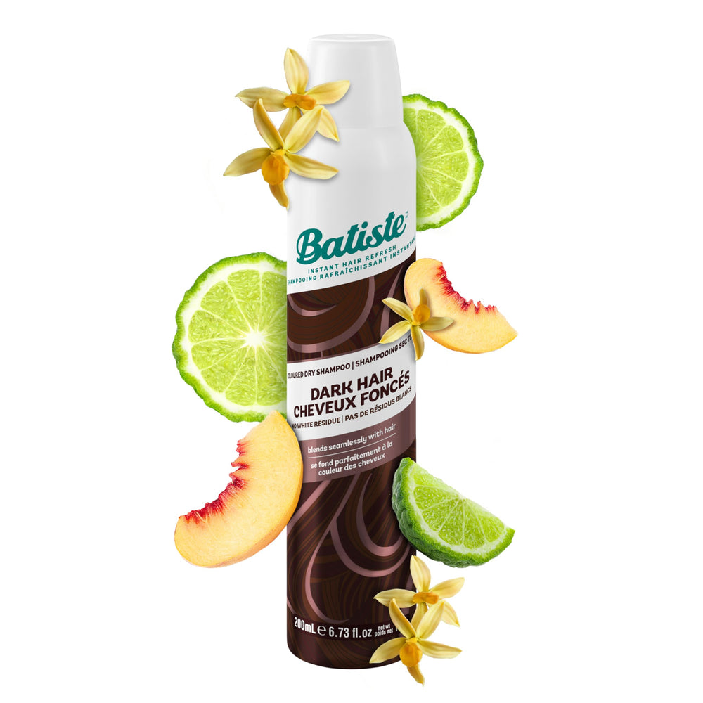 Batiste Divine Dark dry shampoo bottle refreshing roots and blending with dark hair color