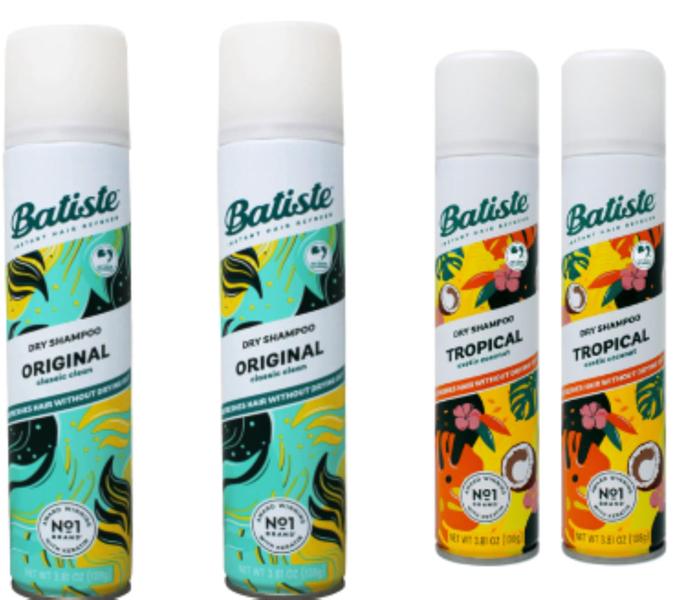 Batiste champú seco en aerosol, conjunto de 4, fragancias Original Clean y Tropical para refrescar el peinado.