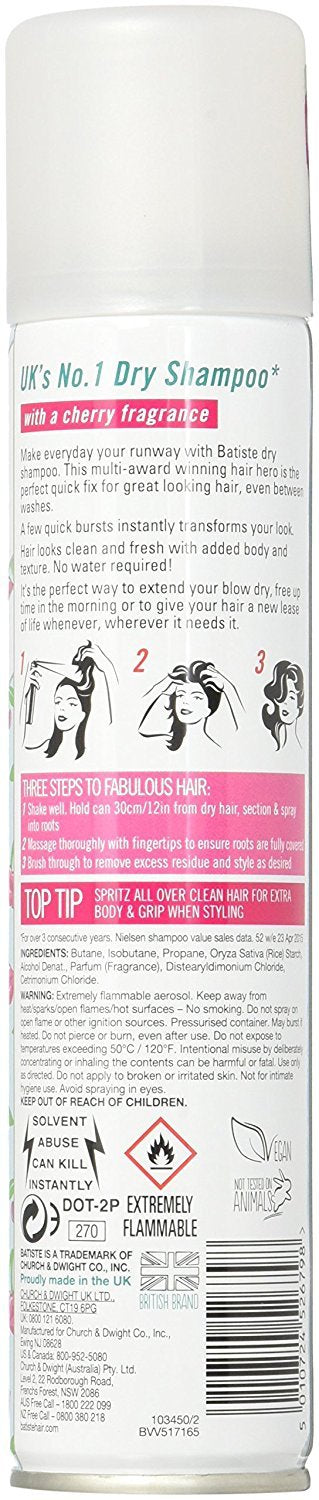 Batiste Cherry dry shampoo spray mist in action for quick refresh