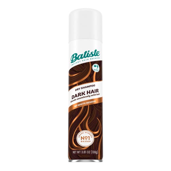 Batiste Dry Shampoo bottle close-up showing dark brown shade and spray nozzle.