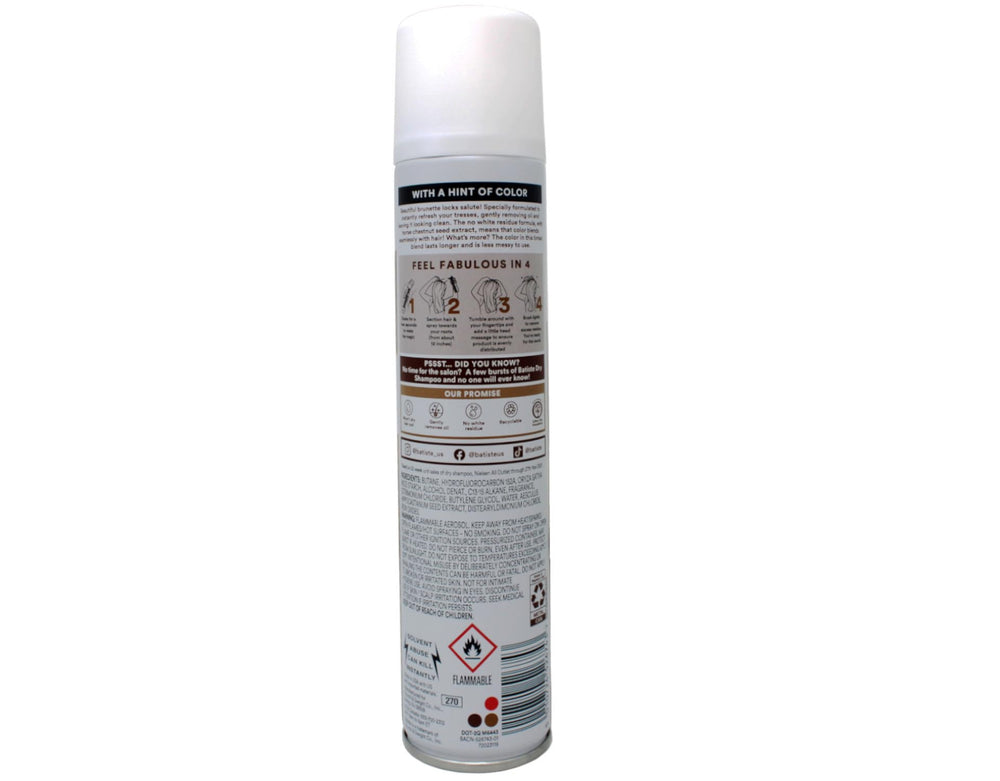 Batiste Brunette dry shampoo dispenses a fine mist.