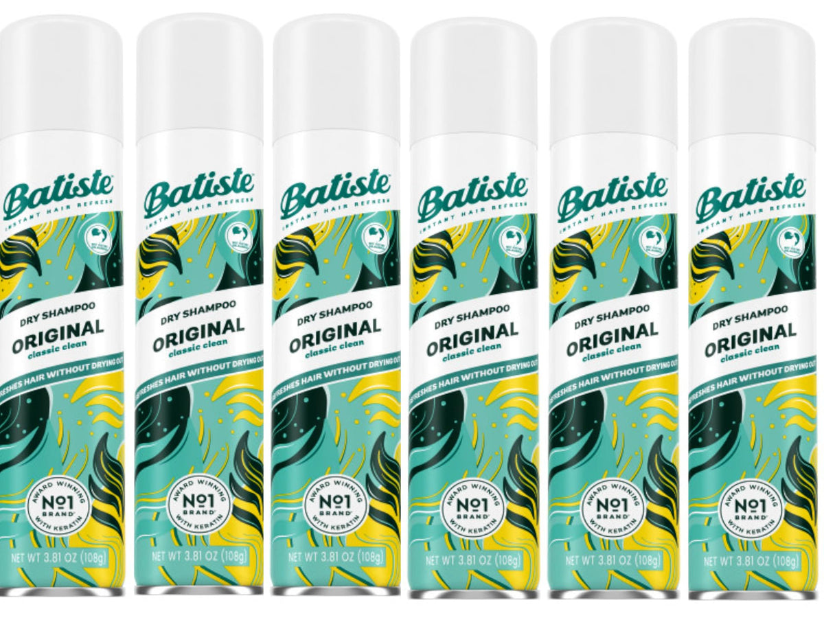 Batiste Dry Shampoo Original bottle pour showing oil absorption for a refreshed look