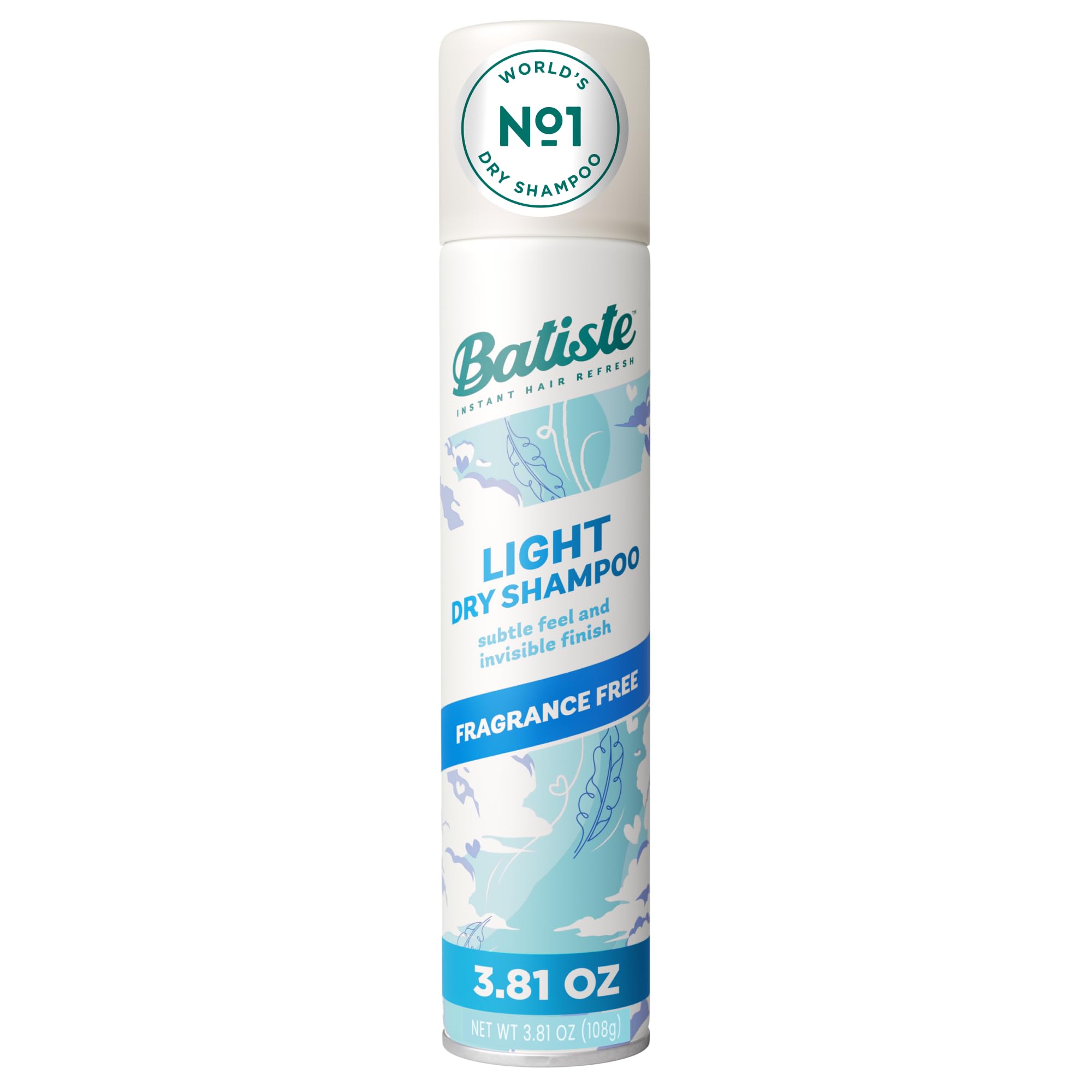 Batiste fragrance-free light dry shampoo bottle closeup for refreshed roots.
