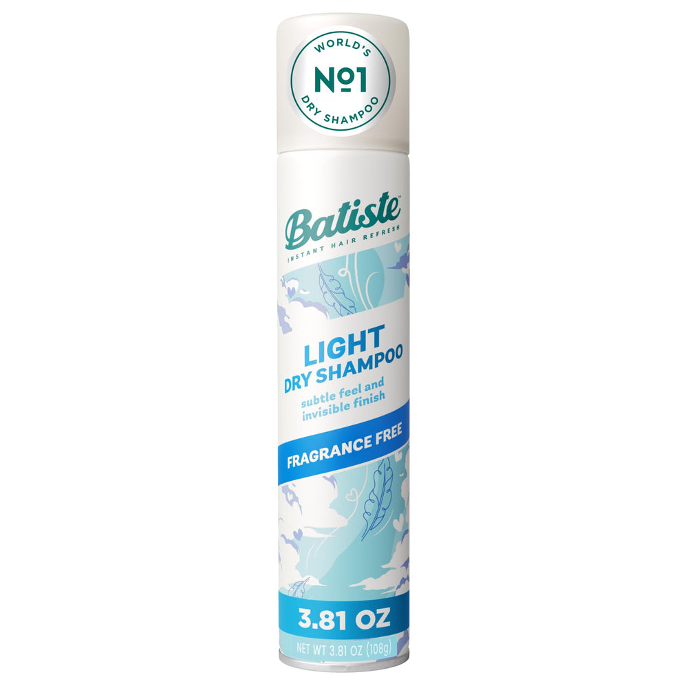 Batiste fragrance-free light dry shampoo bottle closeup for refreshed roots.