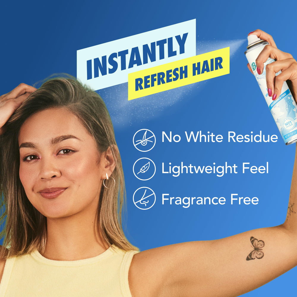 Batiste fragrance-free light dry shampoo spray being dispensed for quick root refresh.