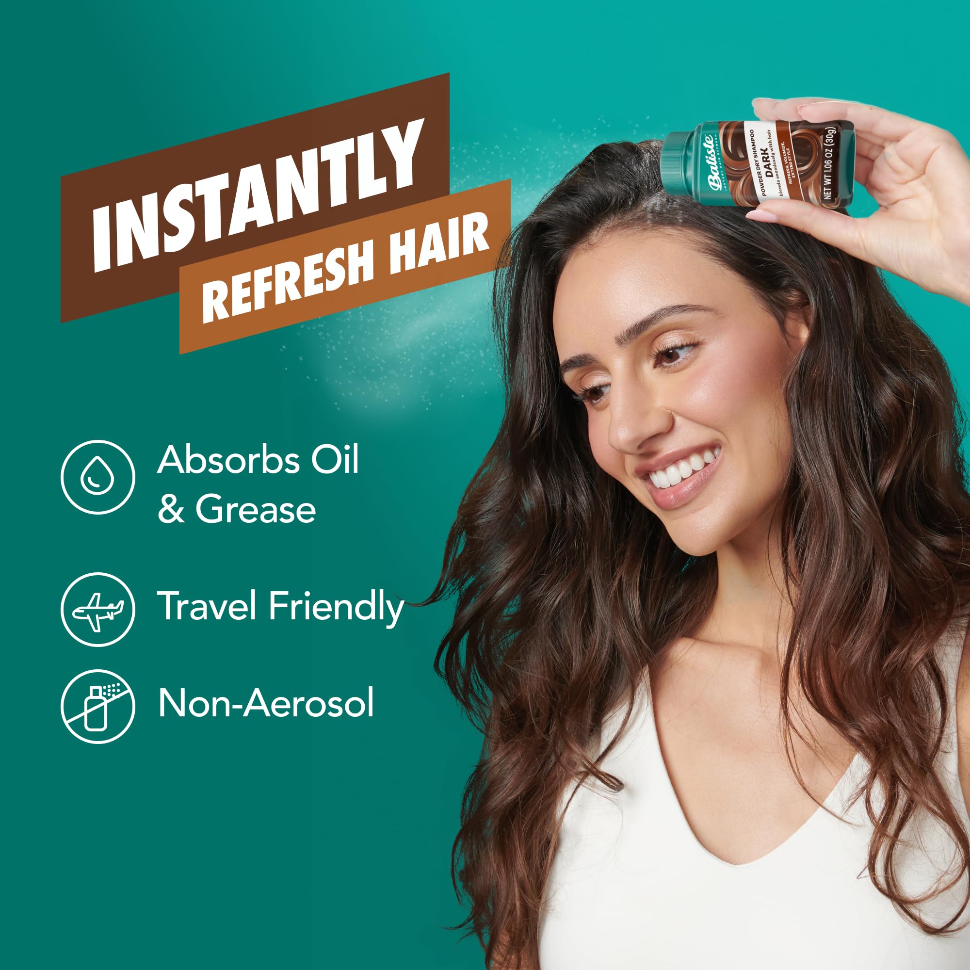 Batiste Polvo Seco para Cabello Oscuro: absorbe grasa y añade cuerpo al peinado.