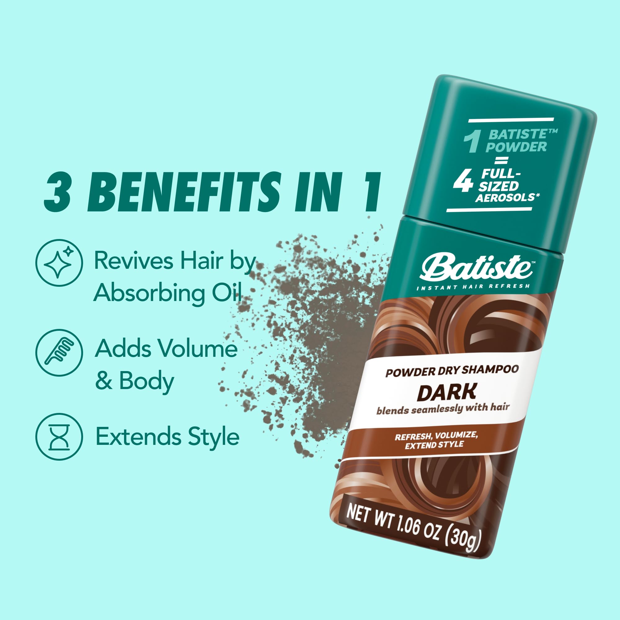 Batiste Polvo Seco para Cabello Oscuro: embalaje compacto y fácil de transportar.
