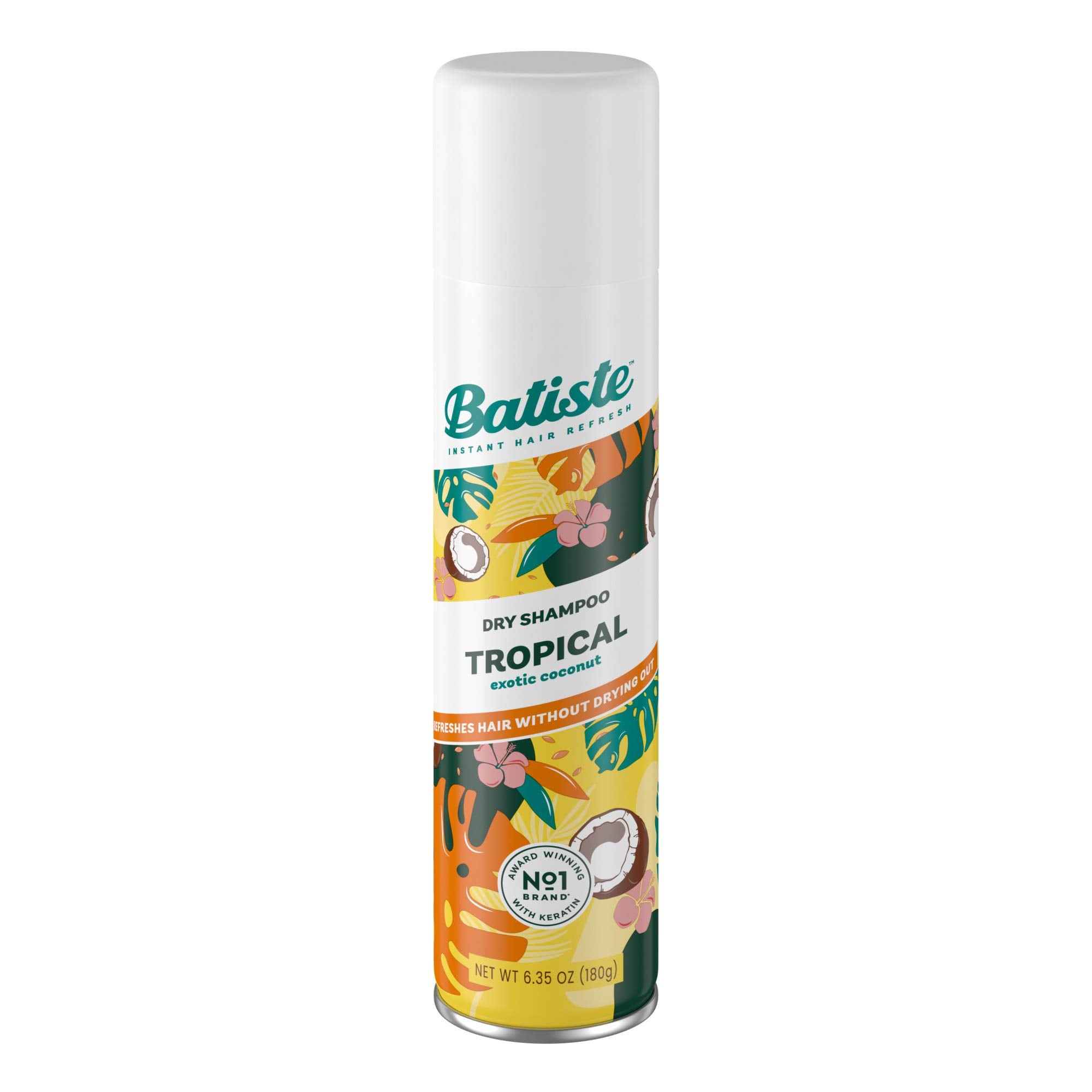 Batiste Tropical Dry Shampoo bottle front for quick oil absorption and fresh scent.