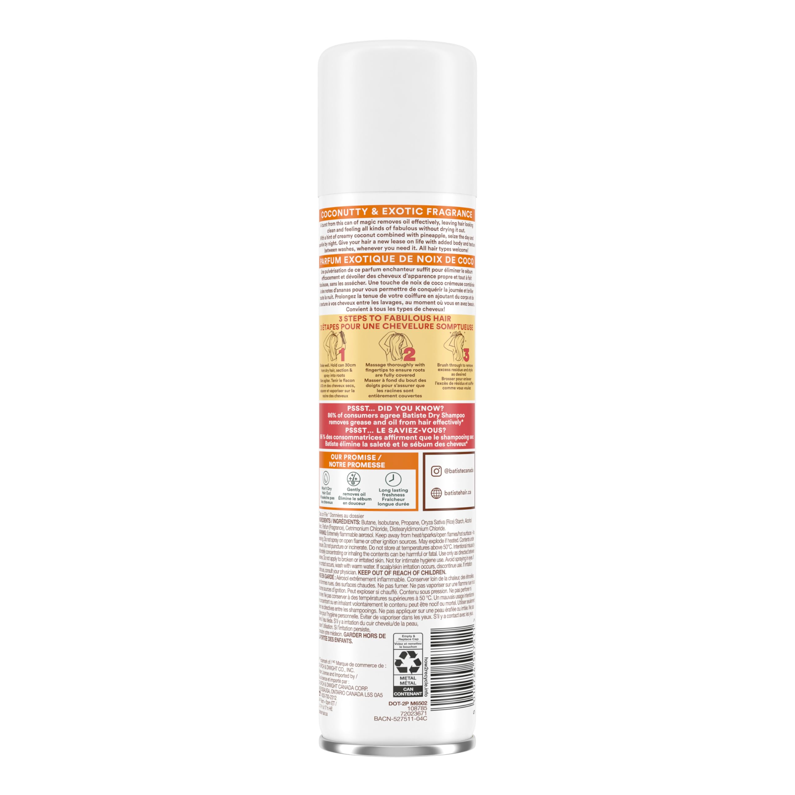 Batiste Tropical packaging closeup highlights scent and easy spray cap