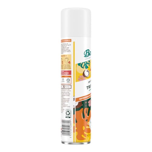 Batiste Tropical Dry Shampoo spray application shows quick root refresh.