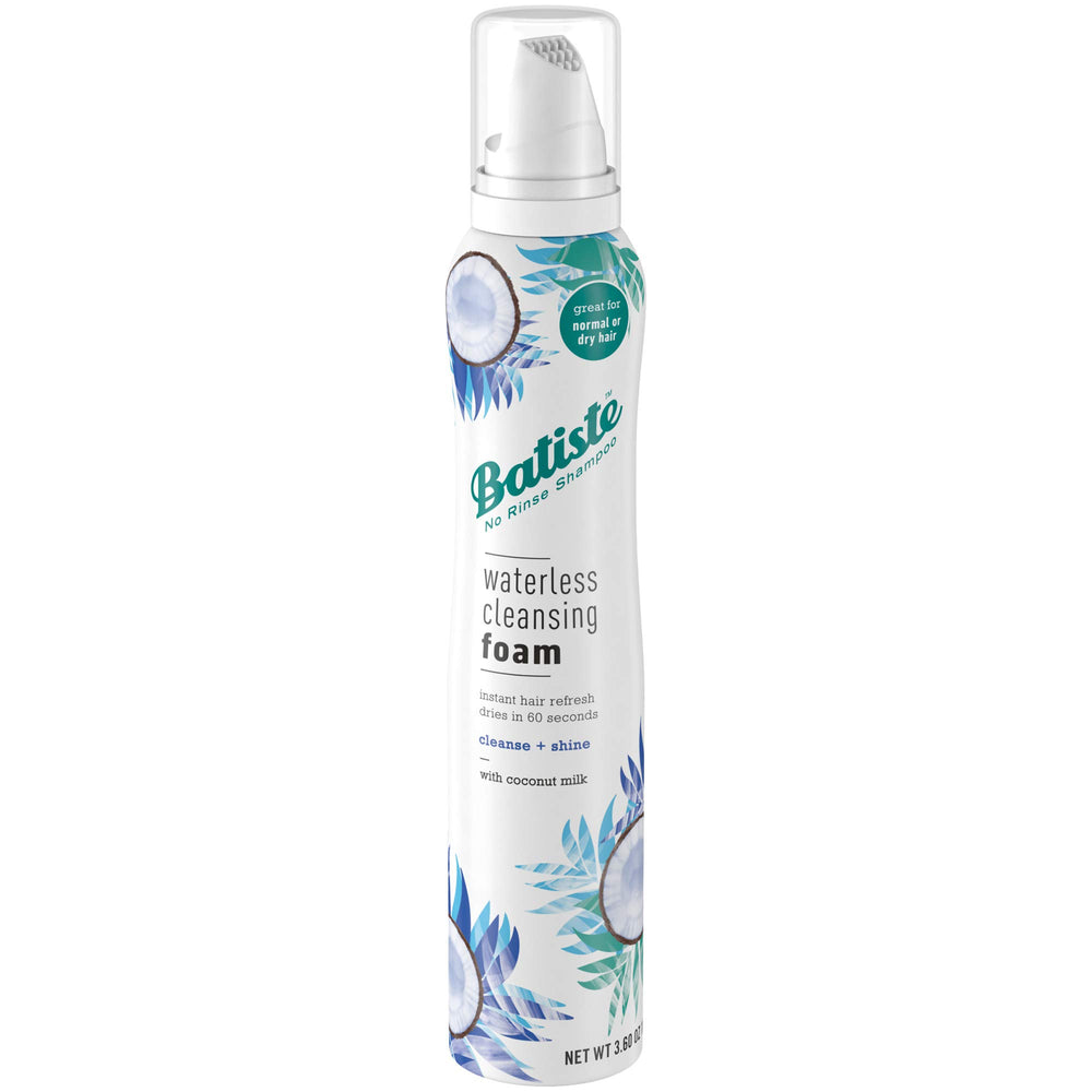 Batiste waterless cleansing foam with coconut milk bottle for quick refresh.