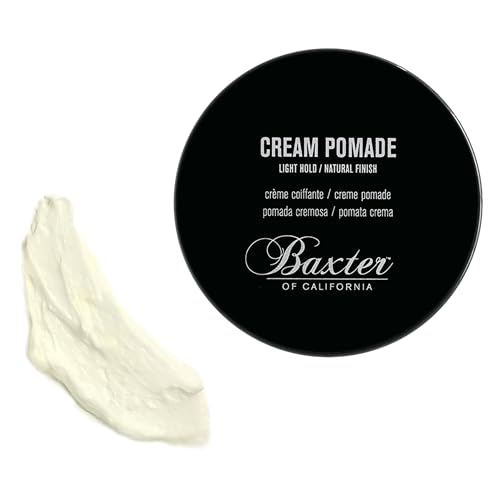 Baxter of California Cream Pomade jar back highlights branding and lightweight formula.