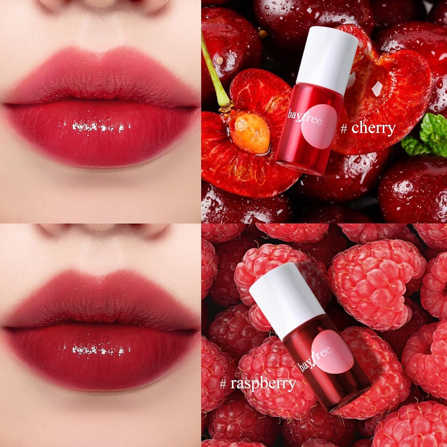 bayfree lip stain swatches on lips and cheeks reveal natural color payoff.