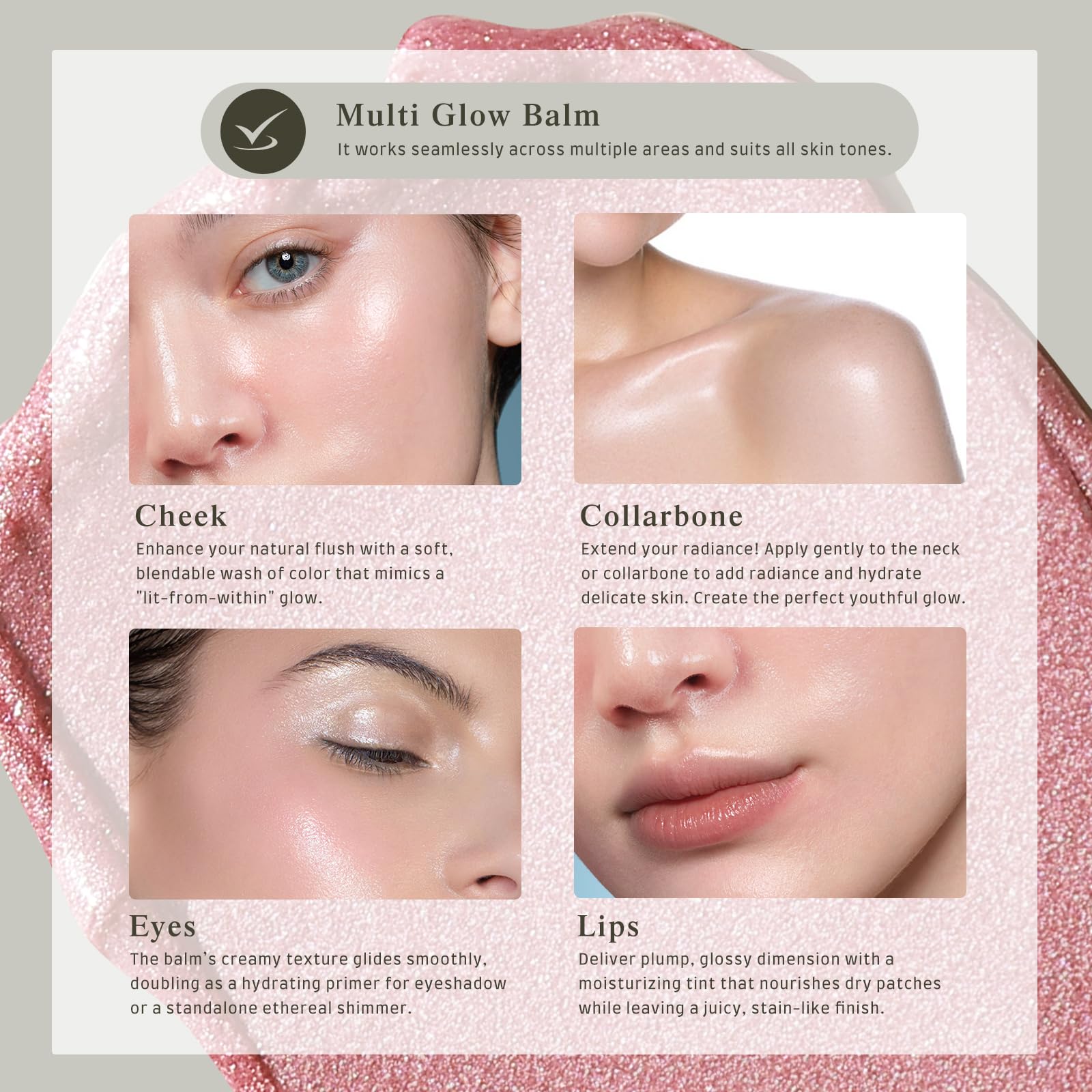 bayfree Multi Glow Balm uso en mejillas y labios para color sutil.
