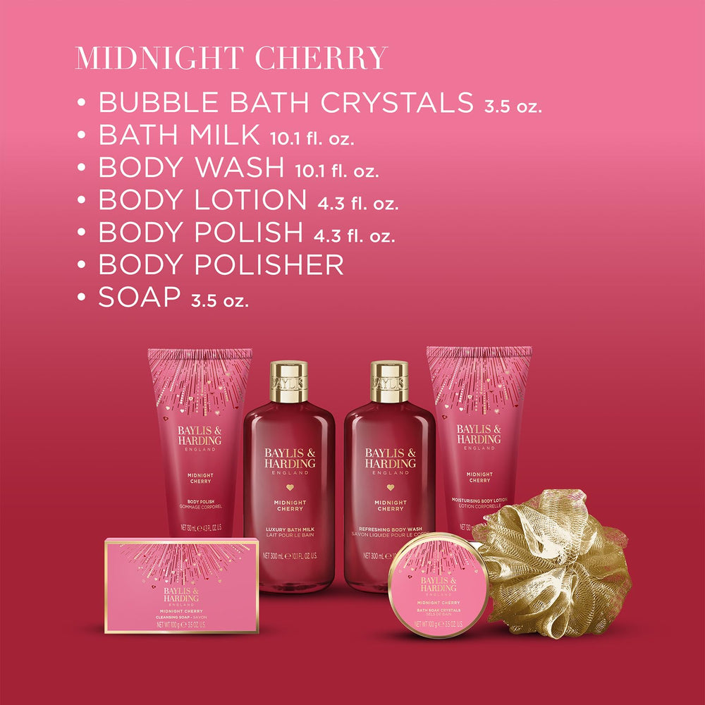 Baylis & Harding Midnight Cherry bath milk bottle for a soothing soak.