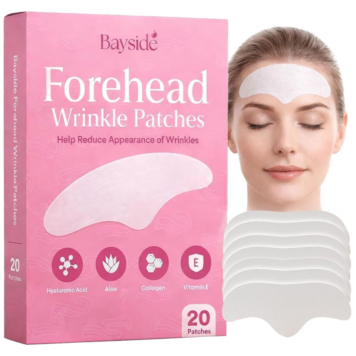 Bayside Forehead Wrinkle Patches packaging shown for at-home smoothing use.