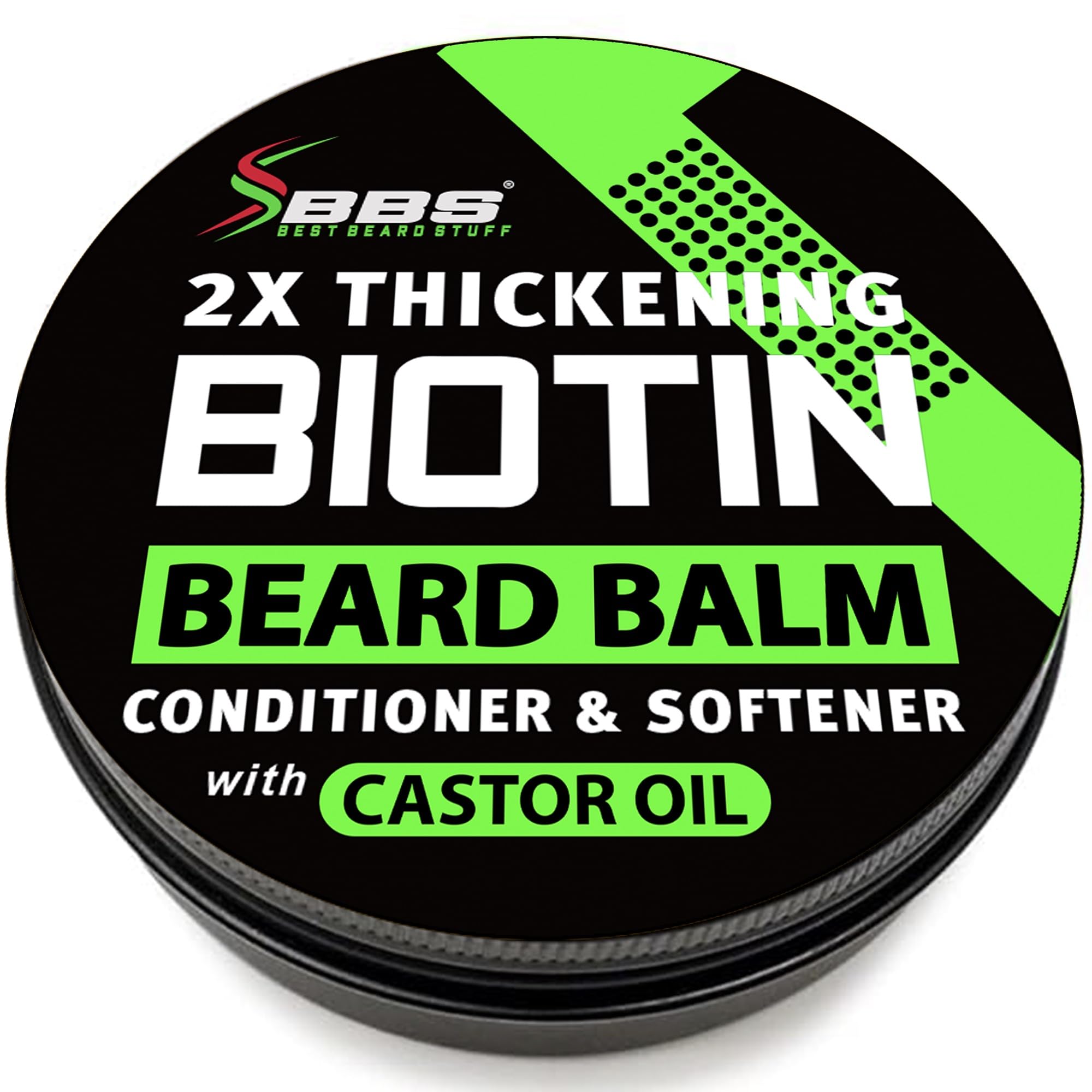 BBS Best Beard Stuff Biotin Balm bottle close-up for fuller-looking beard.