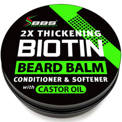 BBS Best Beard Stuff Biotin Balm bottle close-up for fuller-looking beard.