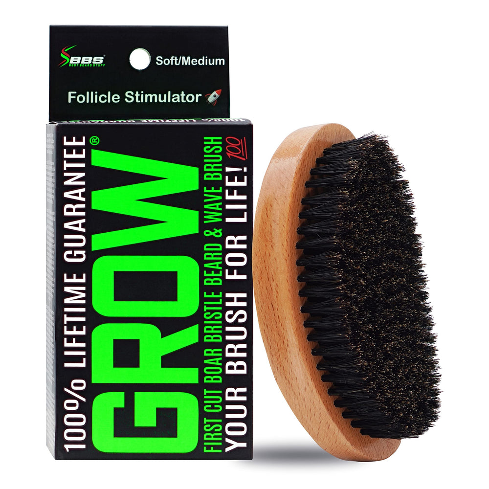 GROW beard brush by BBS Best Beard Stuff with natural boar bristles for fuller-looking facial hair.