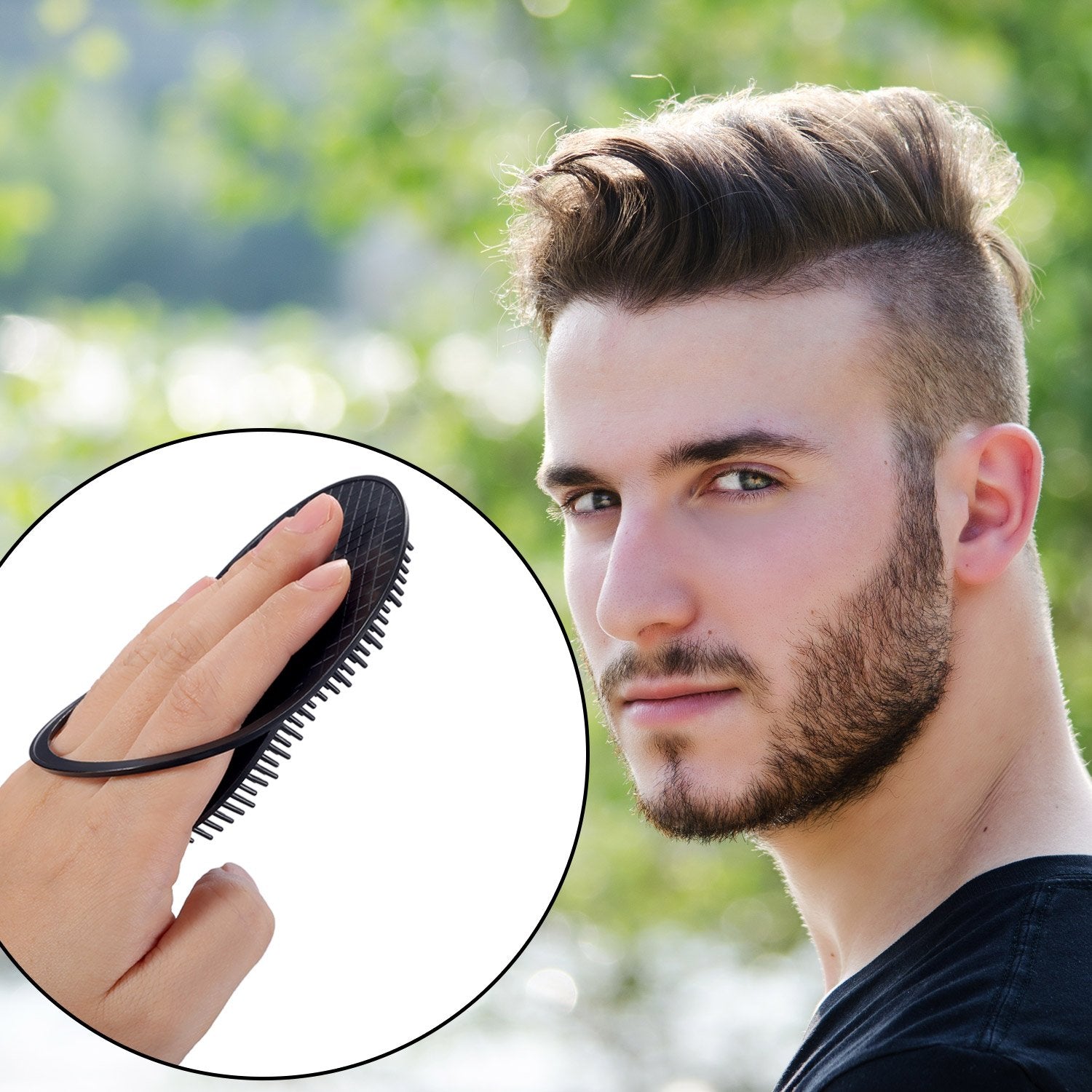 BBTO pocket comb in hand showing massage feature during styling.