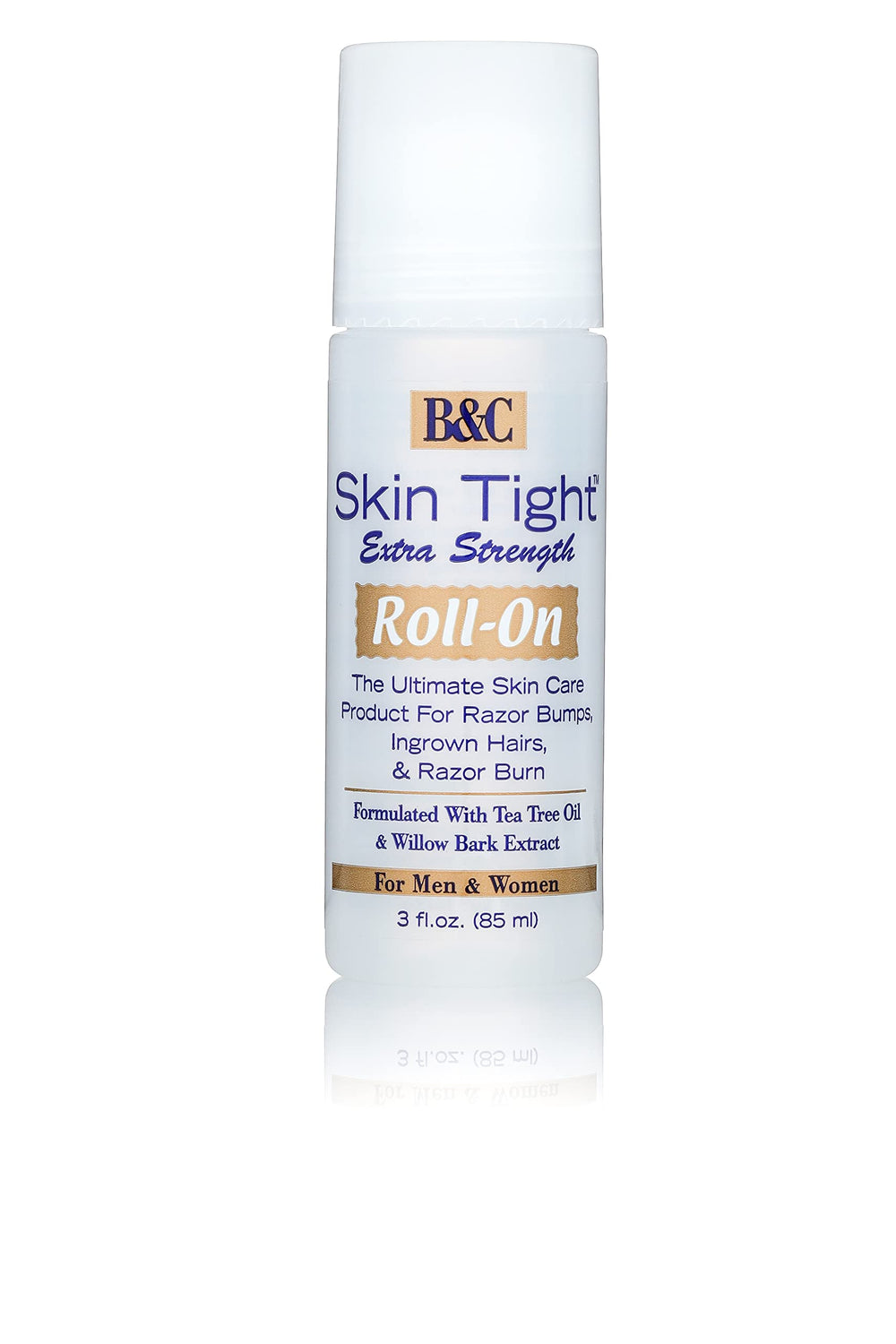 B&C Skin Tight Roll On Extrafuerza, botella, alivio suave para la piel tras el afeitado.