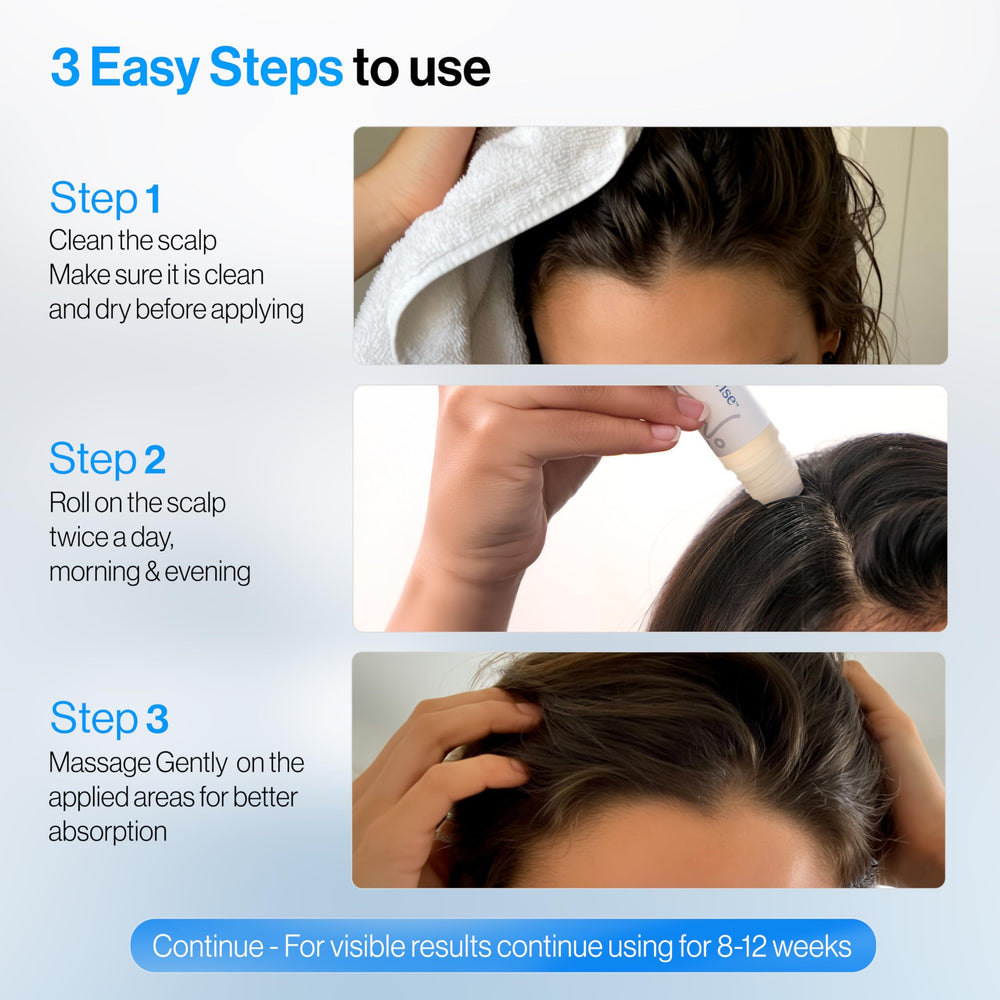 Be Bodywise Roll-On Serum being applied to thinning areas of scalp
