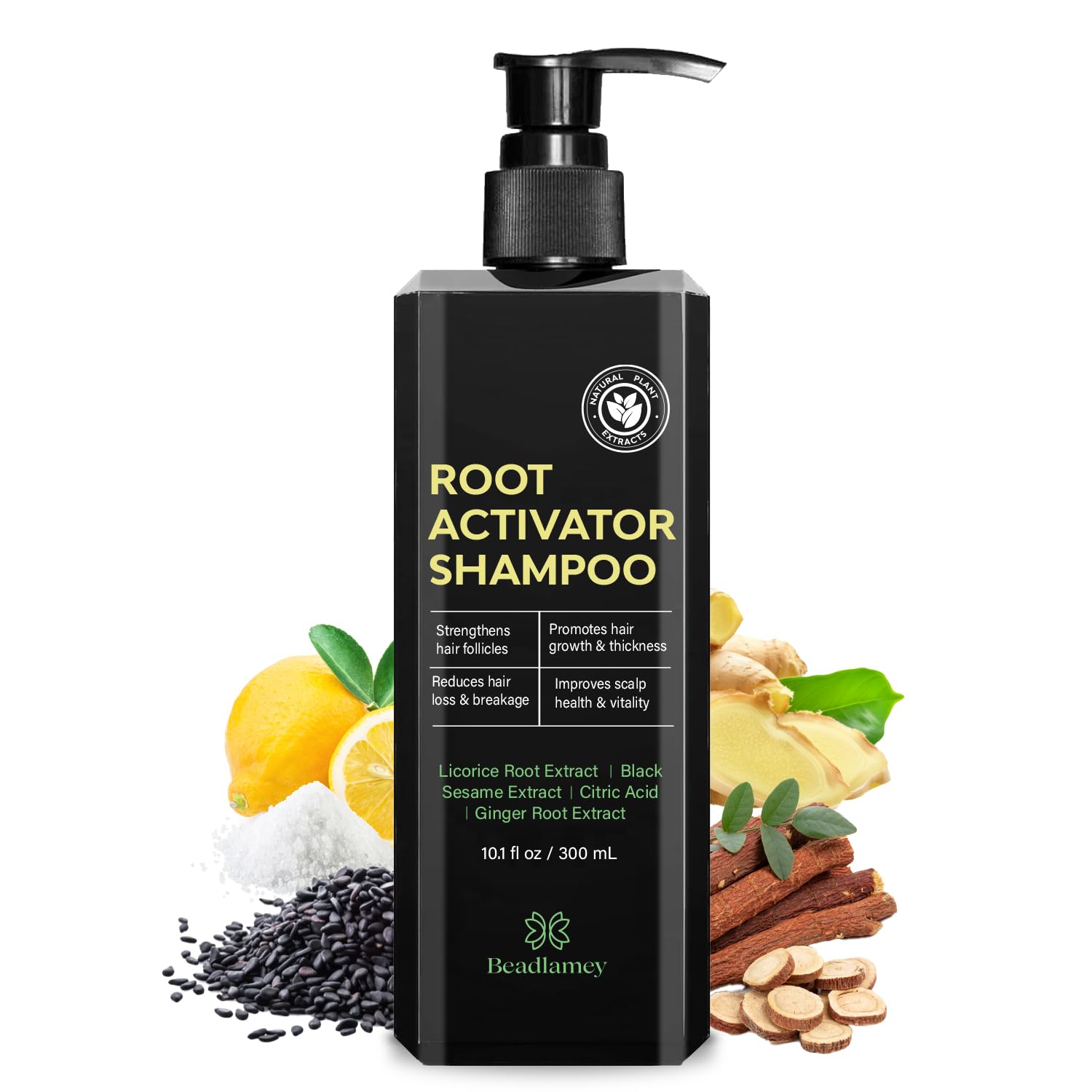 Beadlamey Root Activator Shampoo bottle top, easy grip for daily use.