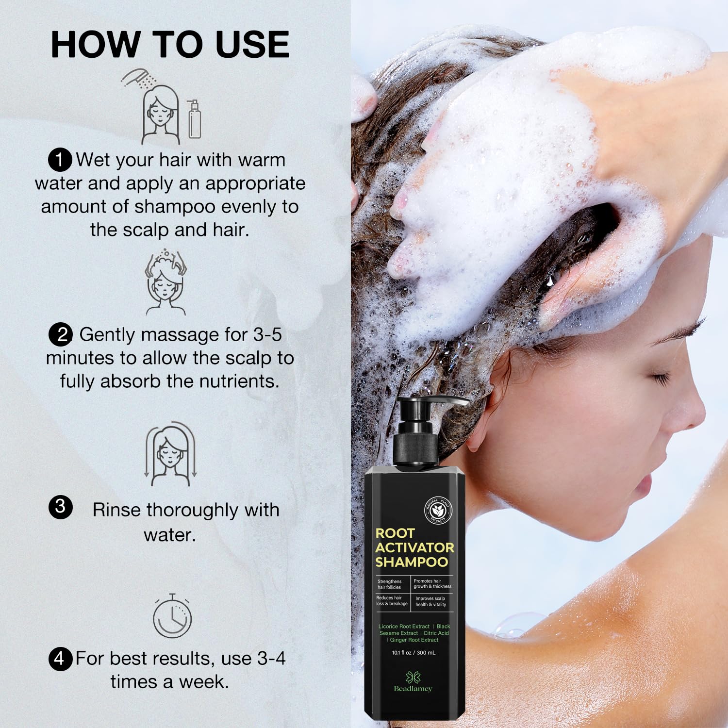 Beadlamey Root Activator Shampoo thicker hair result visualization.